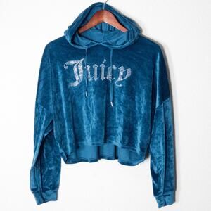 Juicy Couture Velvet Cropped Hoodie Blue Size XL Y2K Retro Streetwear